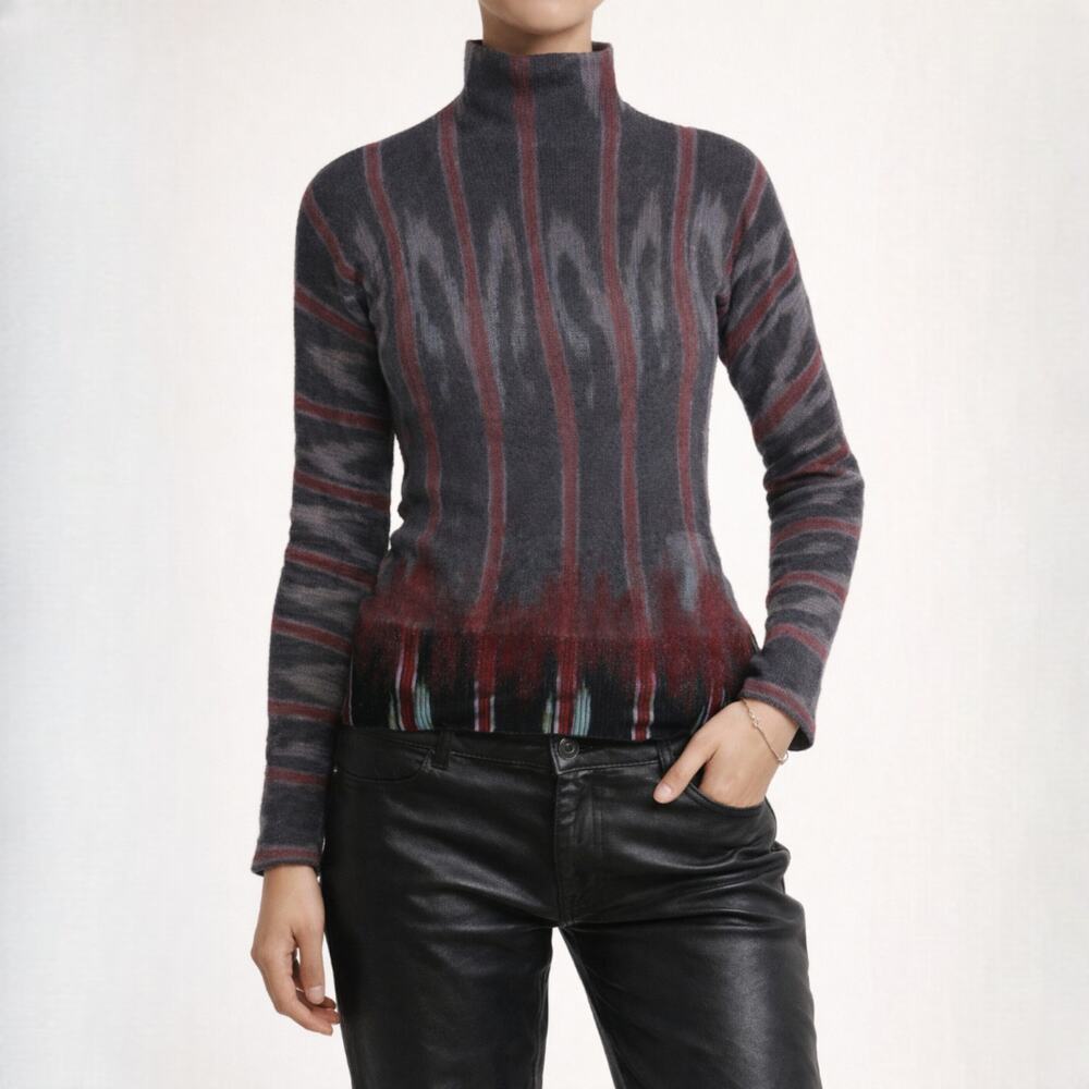 Emporio‎ Armani Mohair Mock Neck Knit Top XS IT 38 Gray Red Abstract Long Sleeve